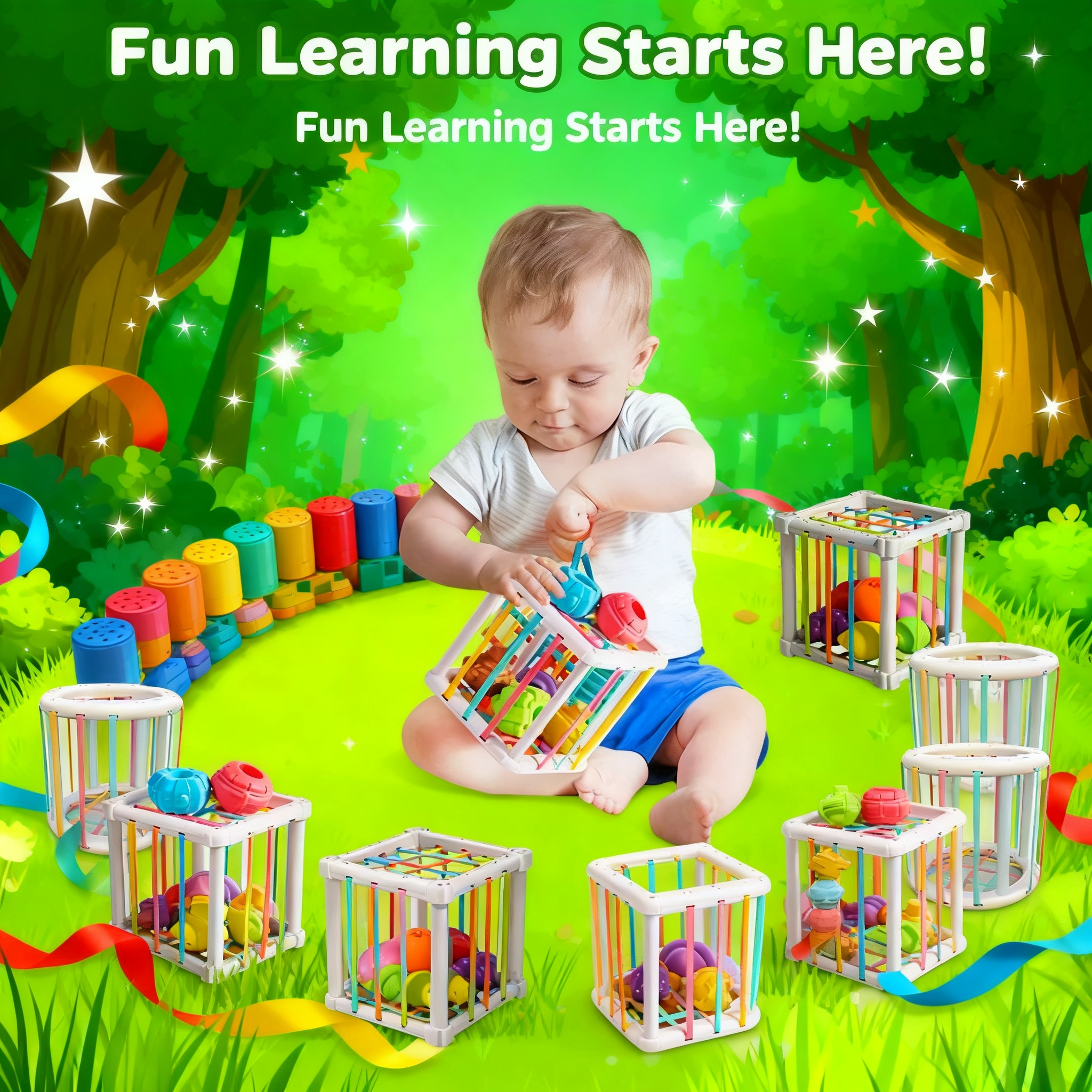 Kids Education Things - Rainbow Colorful Montessori Shape Sorter Cube